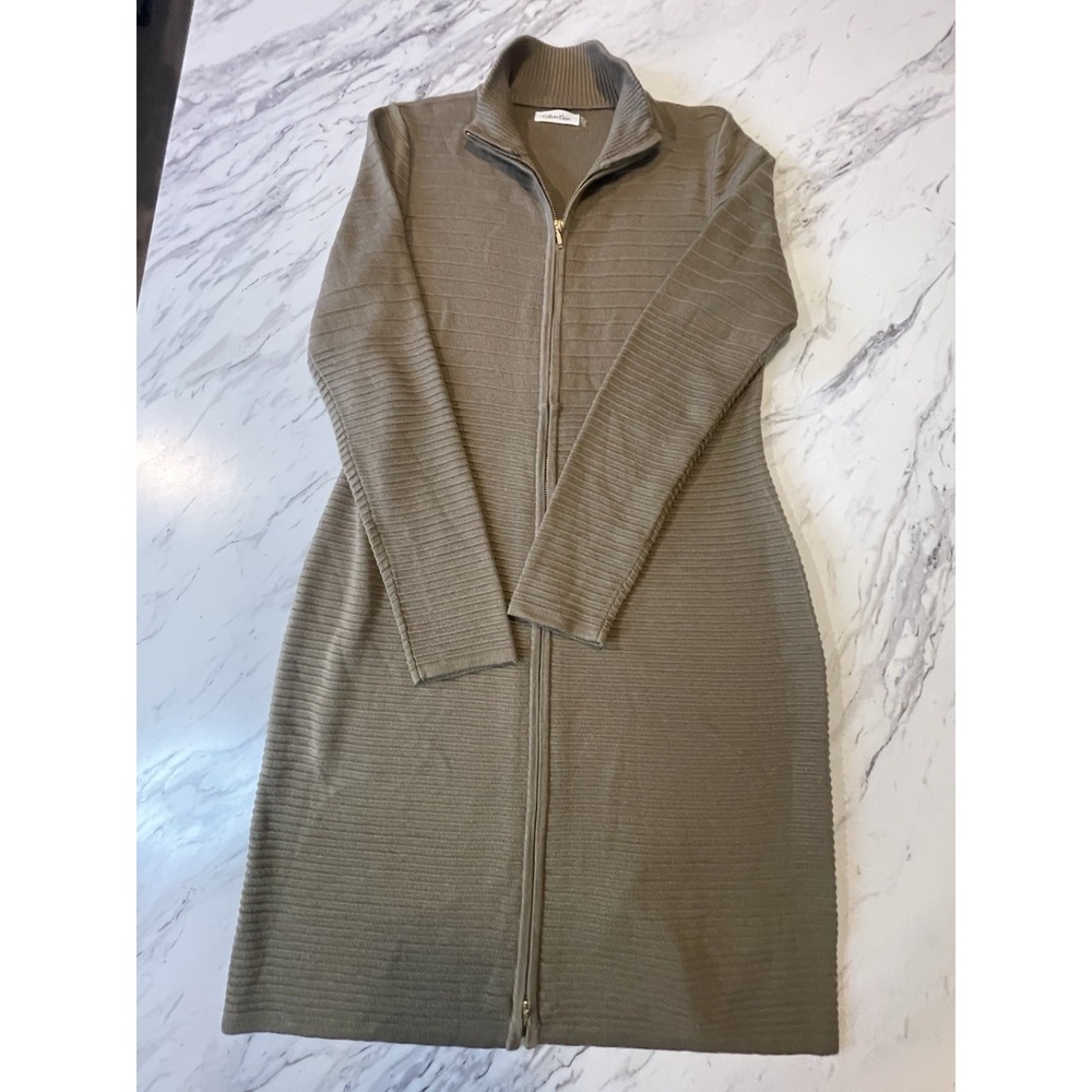Calvin Klein Women's Green Ribbed Knit Mock Neck Zip Front Sweater Dress Size L